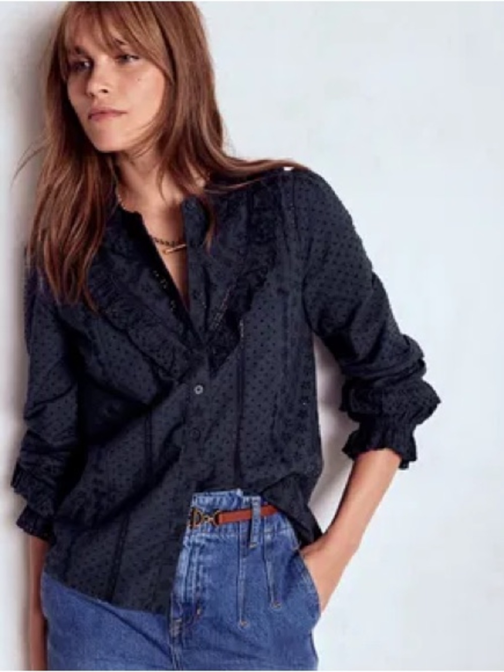 Boden Cotton Broderie Ruffle Long Sleeve Collar Blouse